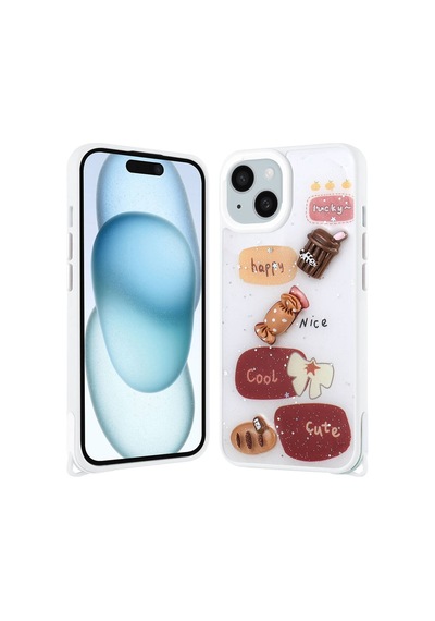 Kilifone - İphone 15 Uyumlu Kılıf Parlayan Simli Kabartma Figürlü Cevze Kapak - Beyaz - T31395