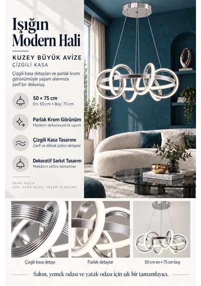 Kuzey Büyük Modern Ledli Avize Çizgili 3 Renk Power Ledli Krom Kaplama Yatak Odası Salon Mutfak