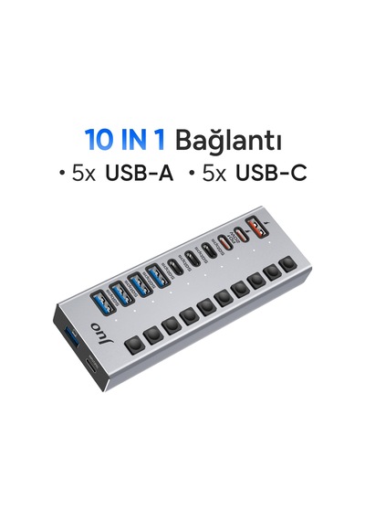Juo Usb-a 10 Portlu Anahtarlı 5 Usb-a 5 Type-c 5gbps Pd Hızlı Şarj Destekli Usb 3.1 Çoklayıcı Dönüştürücü Hub