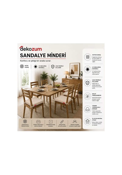 Comfort Plus Sandalye Koltuk Minderi 40x40 Bağcıklı Fermuarlı Yıkanabilir Balkon Bahçe Minderi 6 Lı Krem 6 Lı