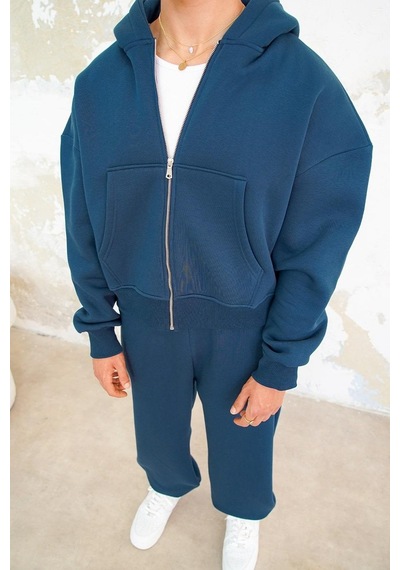 Lacivert Cozy Basic Tam Fermuar Oversize Sweatshirt Lacivert