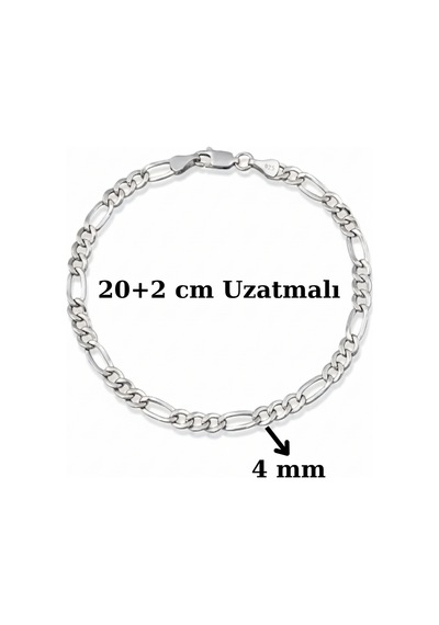 925 Ayar Gümüş Figaro Erkek Bileklik 4,5 Mm Zincir Model Ayarlanabilir 20+2 Cm Gümüş