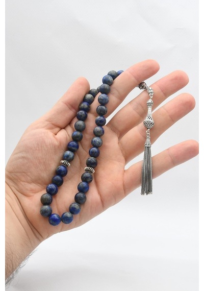33'lük Doğal Lapis Lazuli Taşlı Tesbih 925 Ayar Gümüş Püsküllü 10mm Küre Kesim