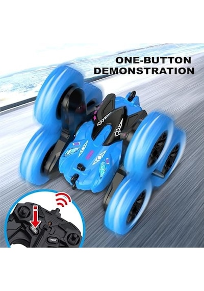 Oyuncak 2.4 Ghz Uzaktan Kumandalı Full Fonksiyon Işıklı Şarjlı 360 Dönebilen 6 Tekerlekli Drift Atabilen Akrobat Araba Mavi-yeşil Mavi