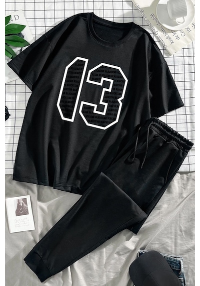 Uyguntarz Unisex 13 Baskılı Eşofman Takımı Siyah
