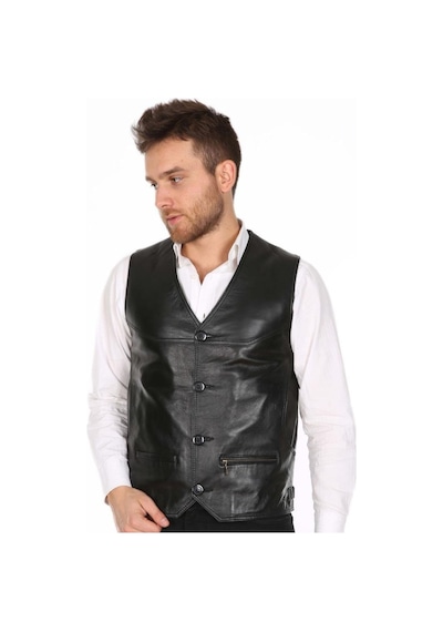 Deriwork Hakiki Deri Siyah Casual Düğmeli Erkek Deri Yelek Siyah