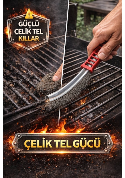 2 Li Mangal Seti Izgara Temizleme Fırçası Tel + Yelpaze Kömür Üfleme Barbekü Aksesuarı