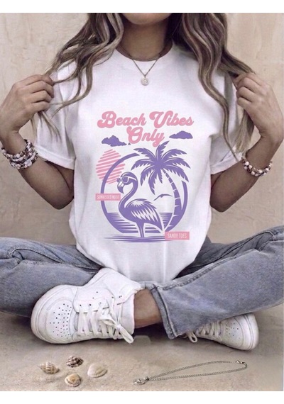 Flamingo Baskılı Oversize Kompak T-shirt Beyaz