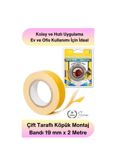 Köpükbant 5 Kg Çift Taraflı Köpük Montaj Bandı 19mm 2 Metre Güçlü Yapışkan Duvar Bant Beyaz Çerçeve Standart