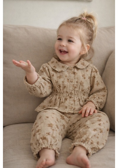 Babyhola Çiçek Desenli Müslin Kız Bebek Bayramlık Takım İkili Set 2013 Kahverengi