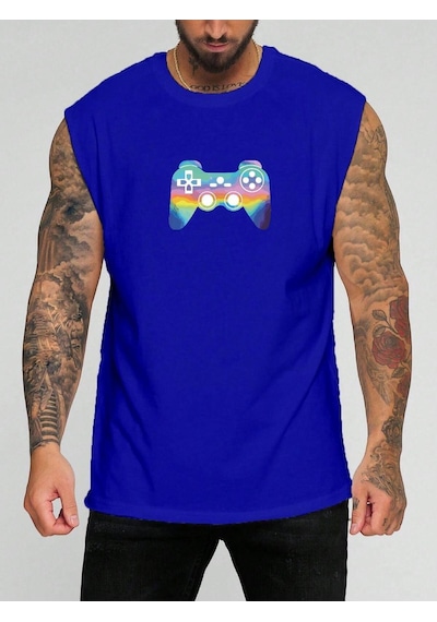 Ps4 Baskılı Kolsuz Tişört Saks Mavisi