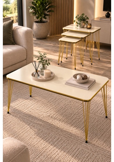 Sulorahome Krem Renkli Gold Tel Ayaklı 4'lü Sehpa Seti Bej - Altın