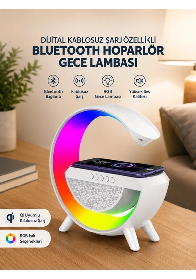 Google Dijital Kablosuz Şarj Özellikli Bluetooth Hoparlör Gece Lambası