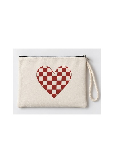 Ekose Kalp Baskılı Fermuarlı Makyaj Çantası Bozuk Para Cüzdanı Clutch