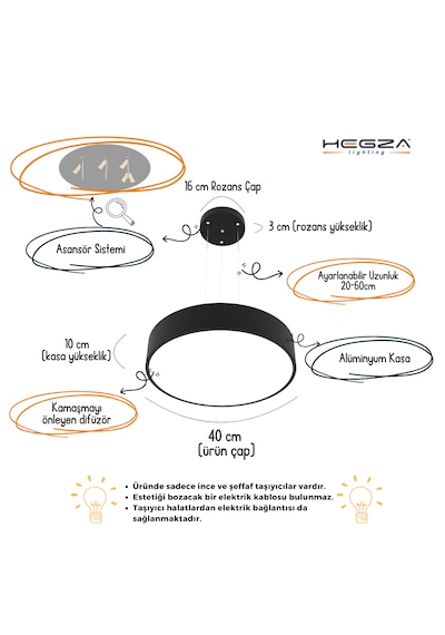 Drum 40cm Siyah Kasa, Doğal Beyaz Işık Modern Sarkıt Led Avize Siyah