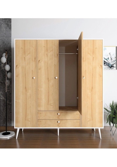 Floradesign Riva Elbise Dolabı 4 Kapaklı Çekmeceli Dolap Gardırop /meşe / Beyaz Meşe -beyaz