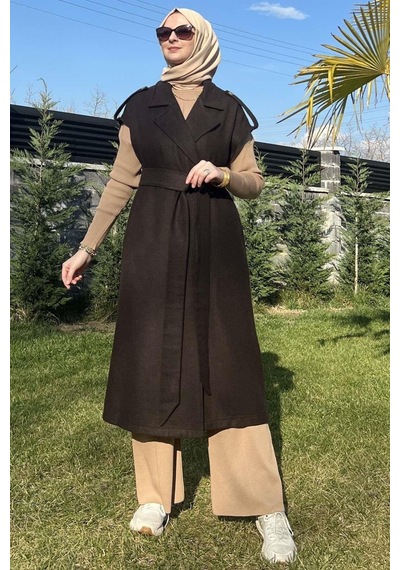 Rabia Şamlı Apoletli Acı Kahve Yelek Normal