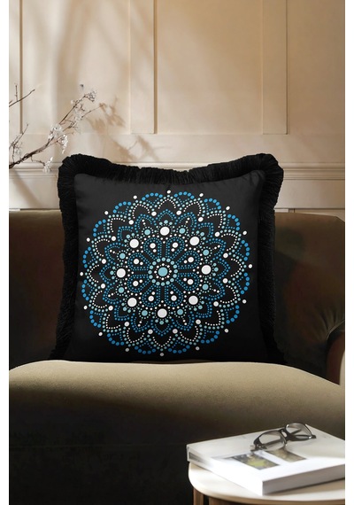 Mandala Şıklığı Saçaklı Yastık Kılıfı - Bohem Siyah Mavi Püsküllü Kırlent Kılıfı Grili Krem Bej