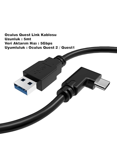 5 Metre Vr Bağlantı Kablosu Usb-c Usb-a 90 L Tipi Hızlı Ve Düşük Gecikmeli Data Kablo Vr Gözlük Uyumlu Esnek & Dayanıklı