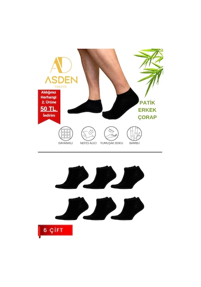 Asden Bambu Erkek Patik Çorap Siyah 6 Lı, Dikişsiz, Soft Yıkamalı Çok Renkli