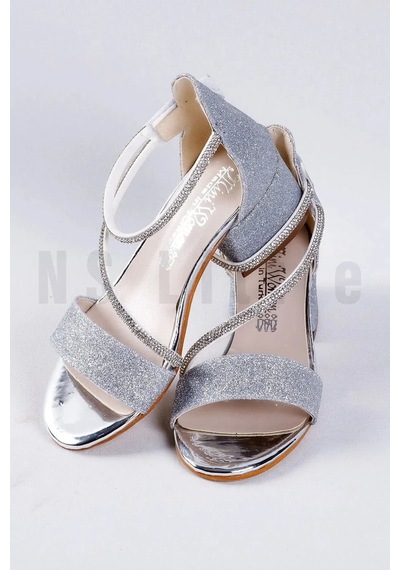 Nese Shoes Kız Çocuk Taşlı Bilekten Cırtlı Abiye Ayakkabı, Kız Çocuk Topuklu Ayakkabı Gümüş