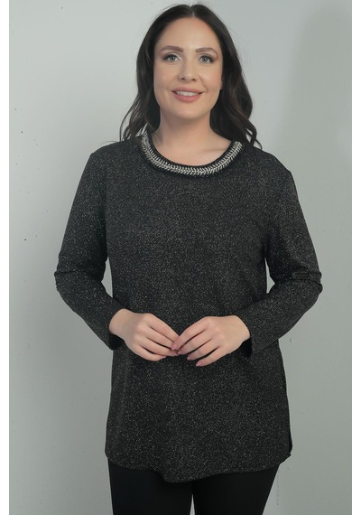 By Saygı Kadın Taş Detaylı Yuvarlak Yaka Simli Likralı Büyük Beden Bluz-40874 Siyah