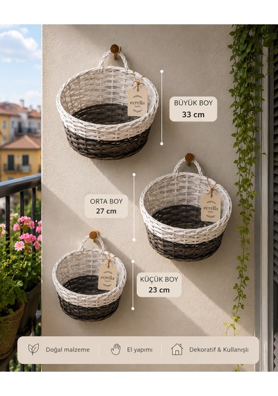 Home 3'lü Hasır Sepet Seti Dekoratif Duvar Sepeti Ve Saksılık 3 Boy