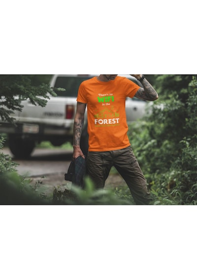 Outdoor Doğa Kamp No Wifi Tasarım Baskılı %100 Pamuk Regular Fit Turuncu T-shirt Turuncu