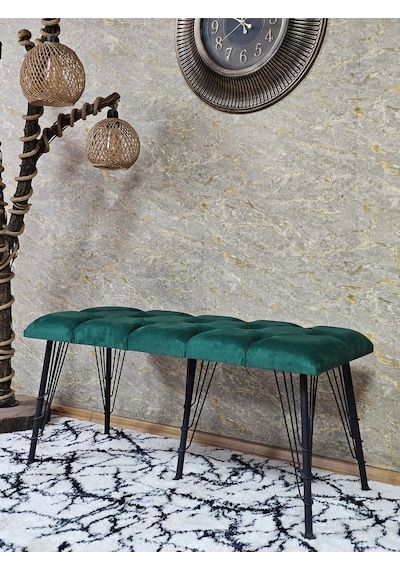 Zafir Metal Siyah Tel Ayaklı 100 Cm Puf Bench - Puf - Bench - Oturak - Mutfak Oturağı - Antre Oturağı Yeşil