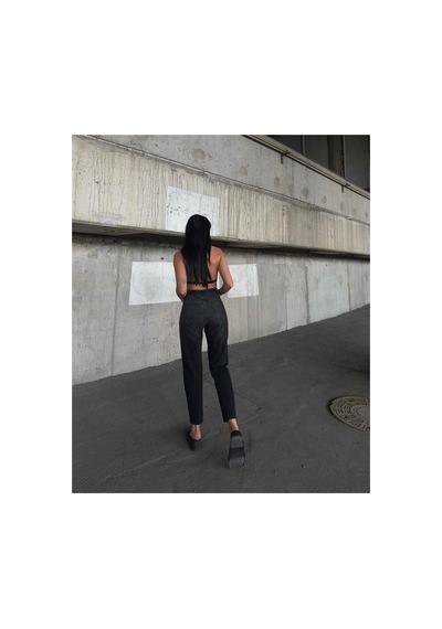 Kene Jeans Yüksek Bel Siyah İşlemli Tam Kalıp Lazer Yırtık Mom Jeans Siyah İşlemli
