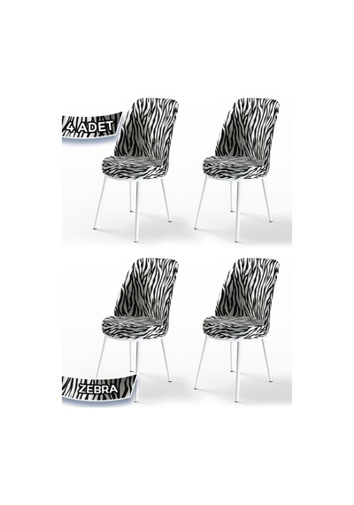 Canisa Dexa Serisi, Üst Kalite Mutfak Sandalyesi,4 Adet Zebra Desen Sandalye, Metal Beyaz Iskeletli Zebra Desen Sandalye Beyaz Ayak