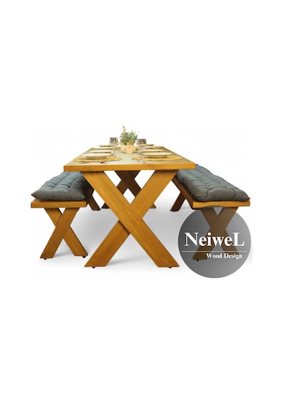 Neiwel Rane Doğal Ahşap Banklı Yemek Masası Takımı-80-140 Takım Açık Ceviz