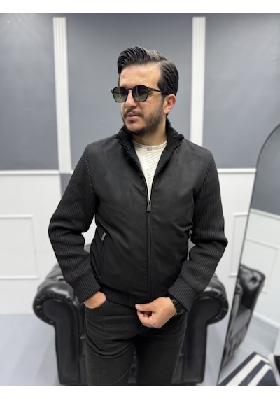 Avni Ceylan Erkek Nubuk Triko Kol Detaylı Slim Fit Mont Siyah