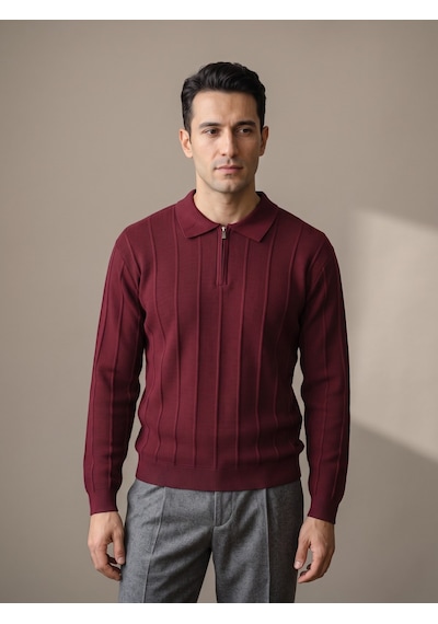 Maccali Erkek Bordo Waffle Dokulu Fermuarlı Polo Yaka Triko Kazak