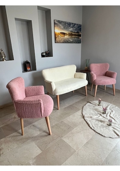 Azra Mobilya Azra Aksesuar Çay Seti Oturma Grubu, Puffy Kumaş Koltuk Takımı, Ahşap Ayak, Balkon Bahçe Mobilyası Krem-pembe