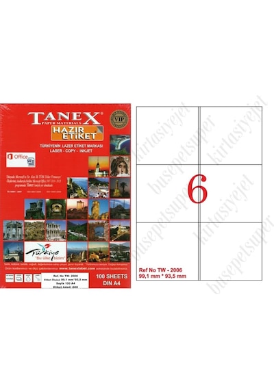 Tanex Tw-2006 Ebat 99 X 93 MM Laser Etiket A4 Sayfada 6 Etiket
