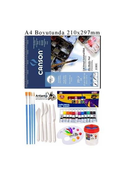 Canson Çok Amaçlı Sanatsal Blok A4 200 Gr 20 Yaprak 1 Adet Mydido 12 Renk Yağlı Boya Fırça Palet Spatula Fırça Temizleme