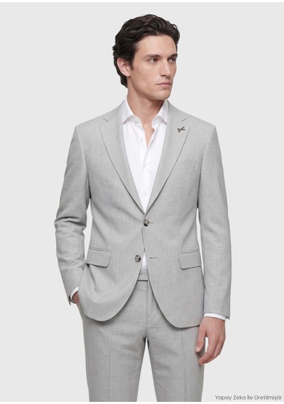 Ramsey Açık Gri Çizgili Modern Fit Yün Karışımlı Takım Elbise