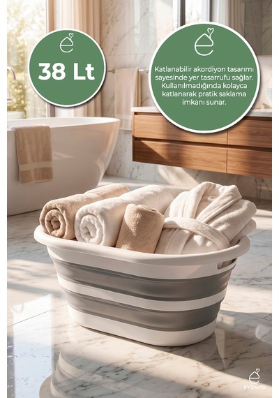 Katlanabilir Çamaşır Leğeni 40 Lt Akordiyon Katlanır Sepet Yer Kaplamaz Pratik Banyo Düzenleyici Gri