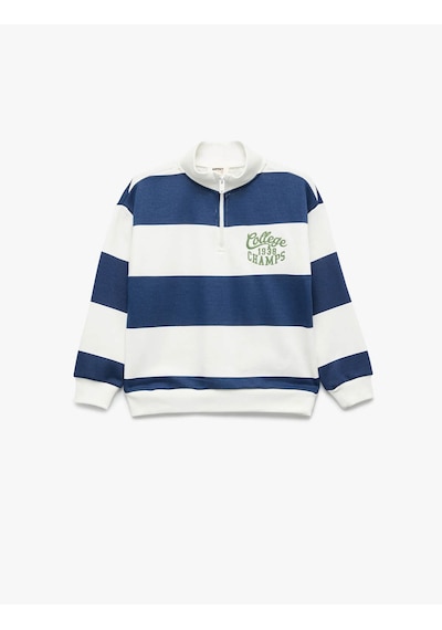 Koton Yarım Fermuarlı Dik Yaka Oversize Çizgili Ekru Erkek Çocuk Sweatshirt 7wkb10051tk