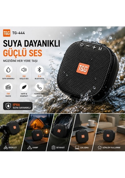 T&g Tg-444 Bluetooth 5.4 Taşınabilir Mini Hoparlör 5w Ipx6 Suya Dayanıklı Fm Radyo Usb Siyah