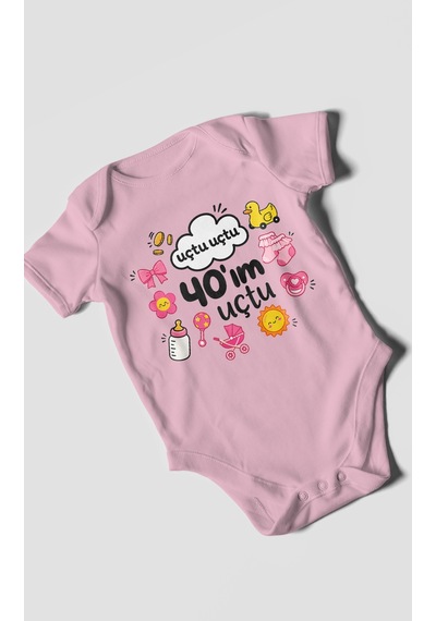 Morivokids Uçtu Uçtu 40'ım Uçtu Kısa Kollu Bebek Body %100 Pamuk Koyu Pembe