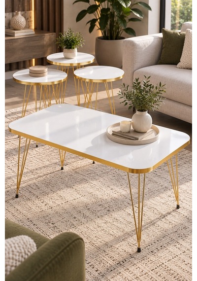 Sulorahome 4'lü Sehpa Seti Beyaz Tablalı Ve Gold Metal Ayaklı Beyaz - Altın