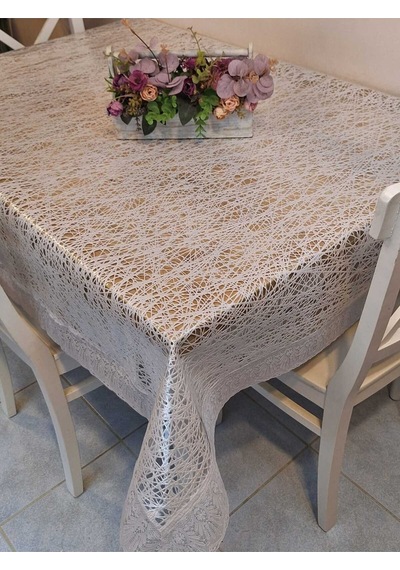 Dantel Kenarlı 120x150 Cm Pvc Muşamba Silinebilir Örümcek Ağı Desenli Masa Örtüsü Beyaz
