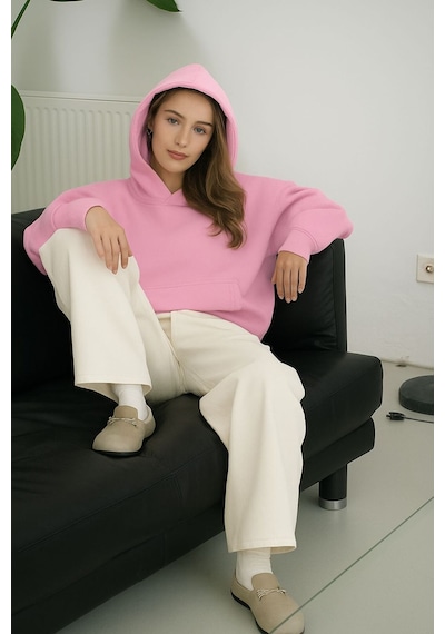 Benroma Düz Ünisex Oversize Kapüşonlu Sweatshırt Pembe
