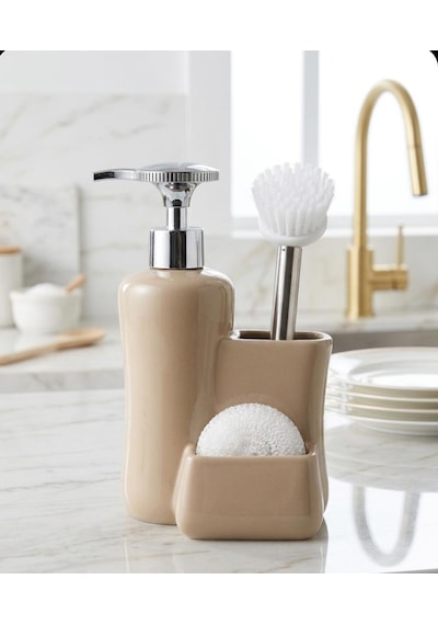Porselen Tezgah Üstü Fırçalı Süngerli Sıvı Sabunluk Takımı 550 Ml Kahverengi