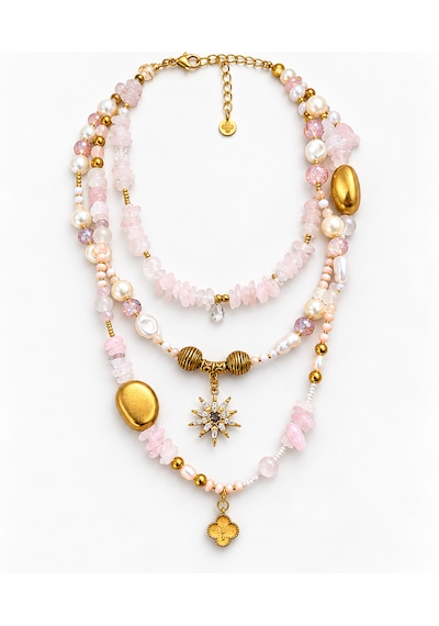 El Yapımı Pembe Doğal Taş Ve İnci Detaylı Çok Katlı Kadın Kolye Gold Charm Tasarım Pembe Altın Rengi El Yapımı Pembe Doğal Taş Ve İnci Detaylı Çok Katlı Kadın Kolye Gold Charm Tasarım Pembe Altın Rengi