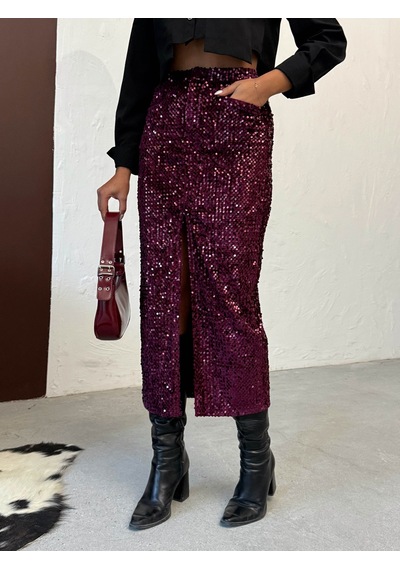 Verymoda Pullu Kadife Uzun Etek F2053 Mürdüm