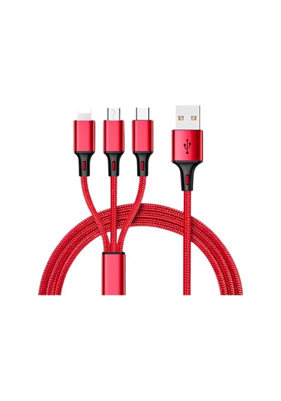 Hasır, 3 İn 1, Şarj Kablosu, Lightning & Micro Usb, Type-c, Apple Uyumlu iOS , - Kırmızı