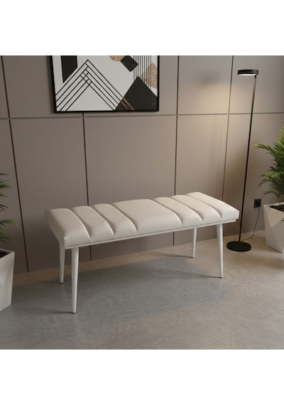 Özcan Metal Beyaz Metal Ayaklı Metal Kasalı Bench Mutfak Salon Antre Yatak Odası Balkon Puf Bank Bej